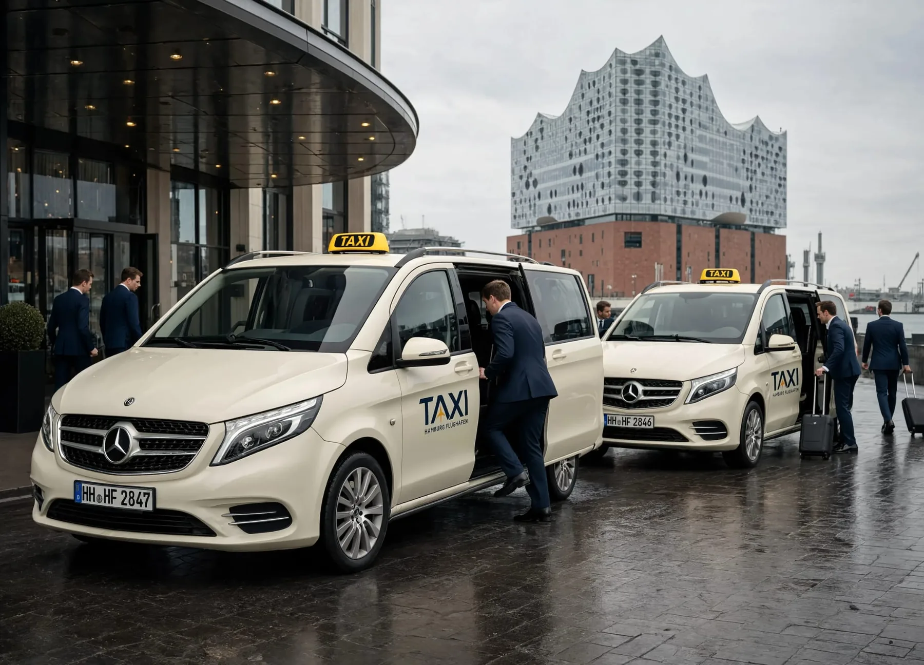 Zwei Grossraumtaxis von Taxi Hamburg Flughafen vor einem Hotel an der Elbphilharmonie, Fahrgäste steigen mit Gepäck ein