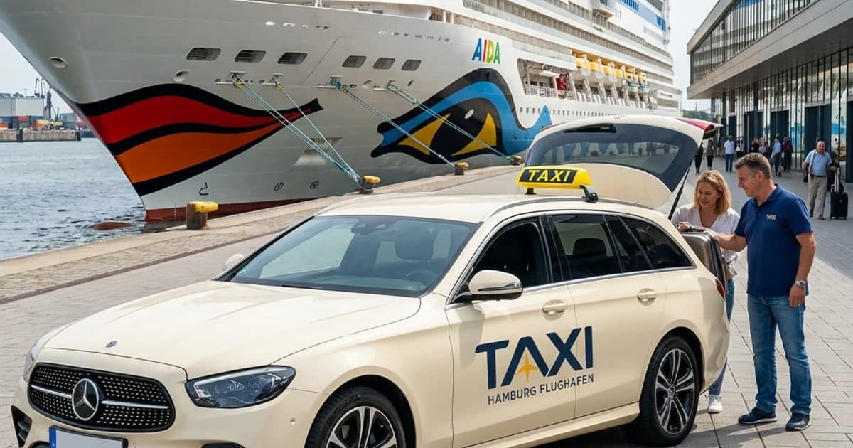 Hamburger Taxi vor einem Kreuzfahrtschiff am Cruise Center