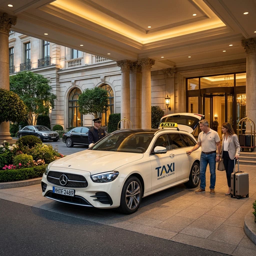 Taxi an der Hotelvorfahrt, Gäste steigen mit ihrem Gepäck ein