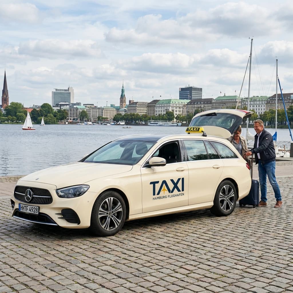 Taxi an der Alster mit Blick über das Wasser auf die Stadt