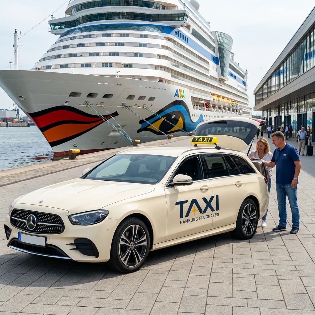 Taxi am Kreuzfahrtterminal, im Hintergrund ein Kreuzfahrtschiff