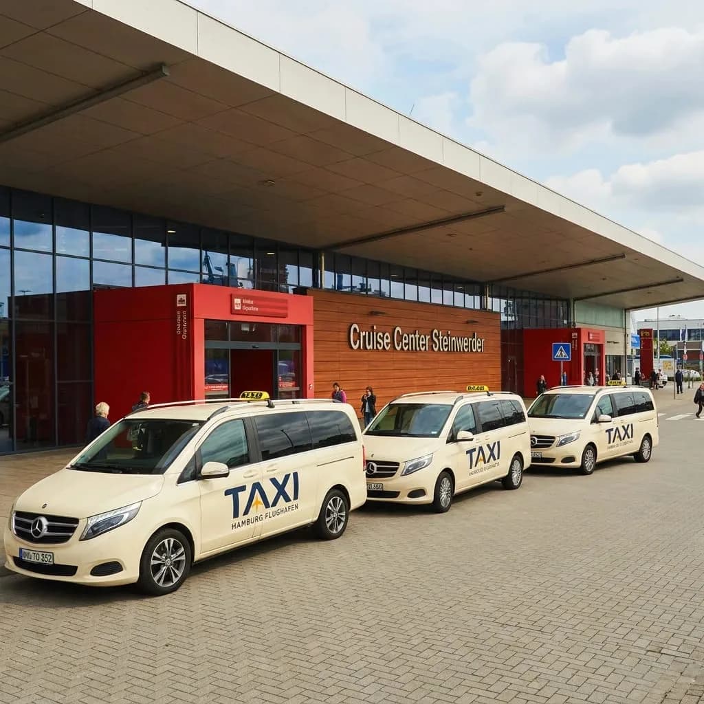 Taxis von Taxi Hamburg Flughafen vor dem Cruise Center Steinwerder — Grossraumwagen und Limousinen am Terminal