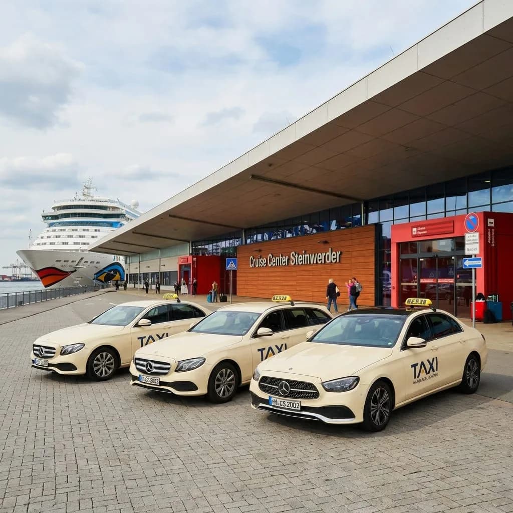 Taxistand am Cruise Center Steinwerder mit Kreuzfahrtschiff im Hintergrund