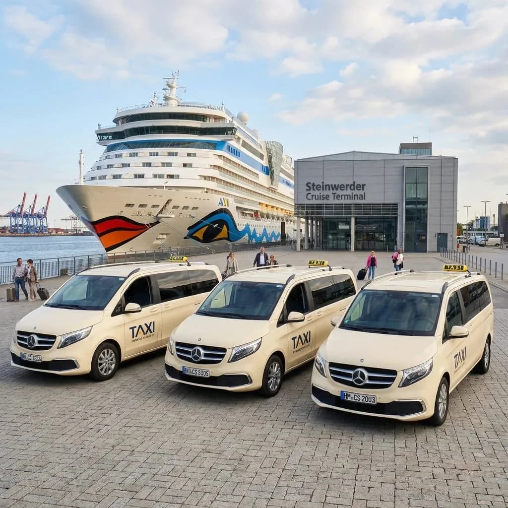 Drei Grossraumtaxis vor dem Steinwerder Cruise Terminal, Kreuzfahrtschiff am Kai