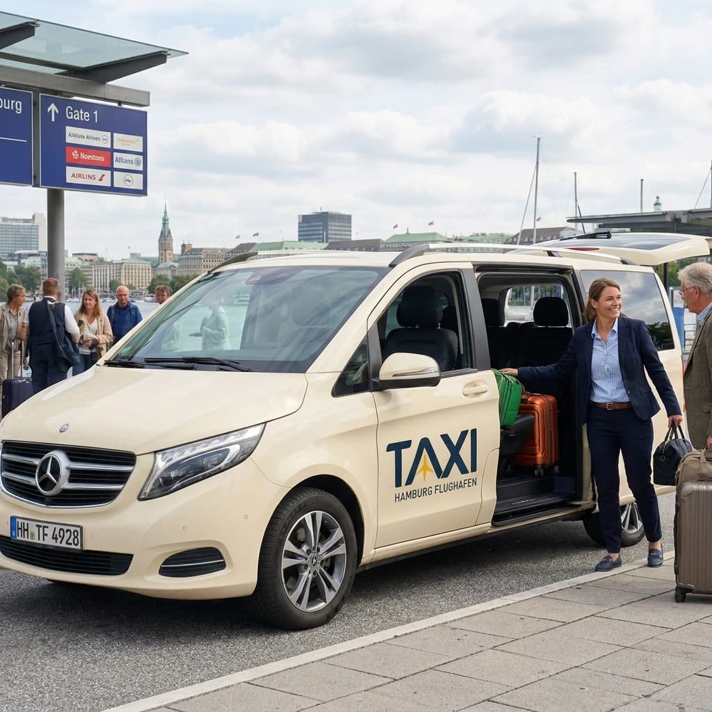 Grossraumtaxi von Taxi Hamburg Flughafen mit offener Schiebetür, Fahrgäste steigen mit ihrem Gepäck ein