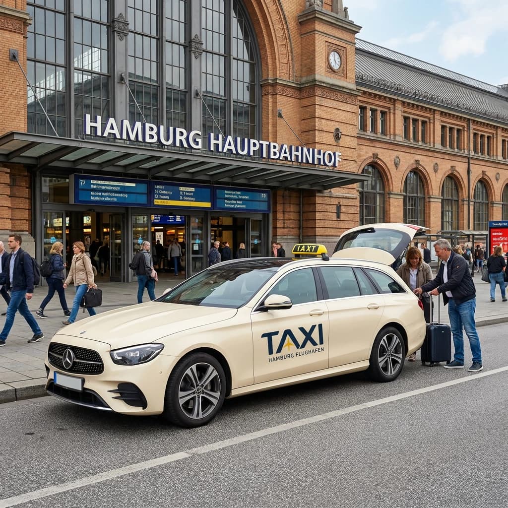 Taxi vor dem Hamburger Hauptbahnhof zwischen Reisenden